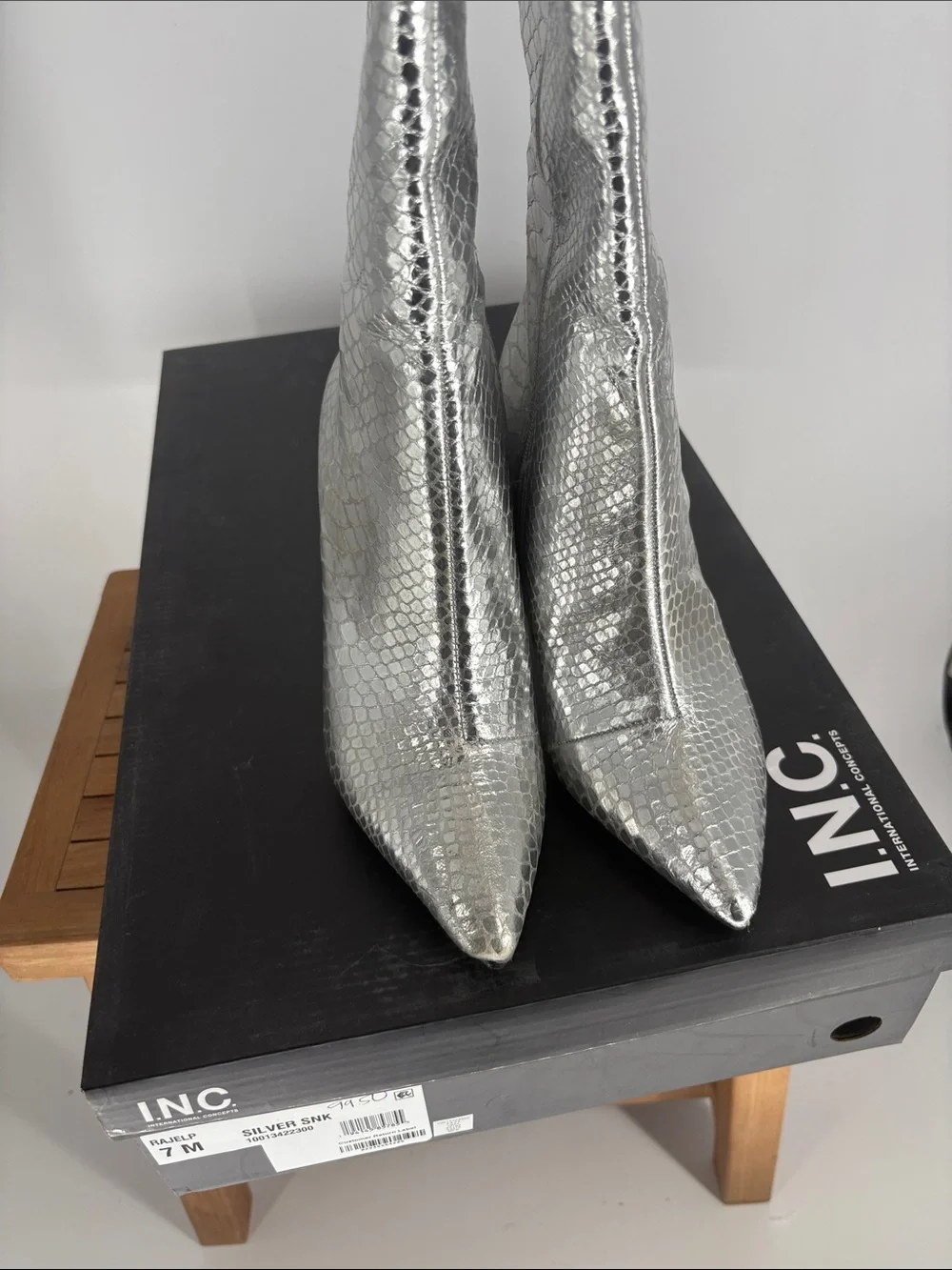 NEW INC Silver Snake-Embossed Knee-High Stiletto Boots size 7M